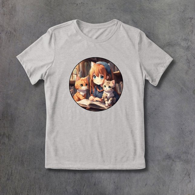 Reading With Cats Cute Anime Kitten Soft Tri-Blend Shirt (Creator Uploaded)