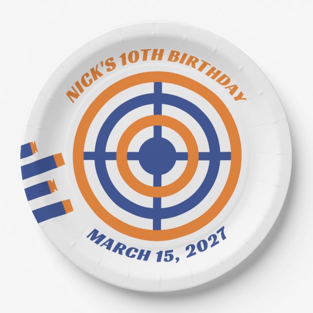 Ready, Aim, Party! Nerf Gun Themed Birthday Party Paper Plates (Front)