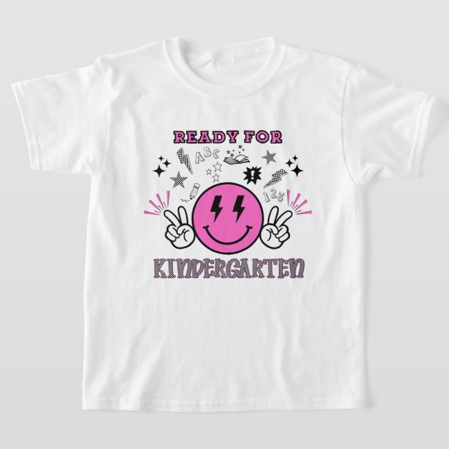 Ready for Kindergarten Pink Retro Smiley Face T-Shirt (Laydown)