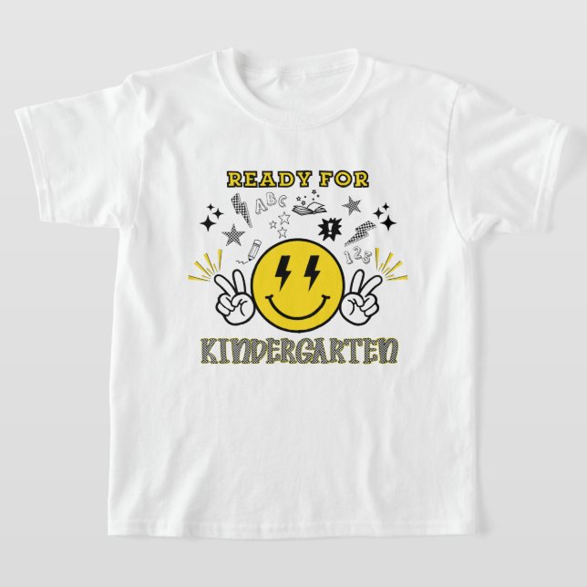 Ready for Kindergarten Pink Retro Smiley Face T-Shirt (Laydown)