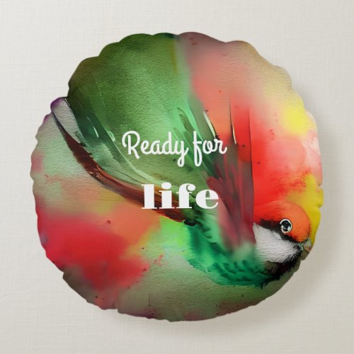 Ready for life vibrant red green brown flying bird round pillow