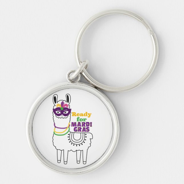 Ready for Mardi Gras cute llama beads mask Keychain (Front)