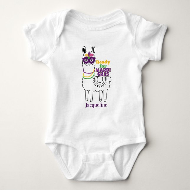 Ready for Mardi Gras cute llama beads personalized Baby Bodysuit (Front)