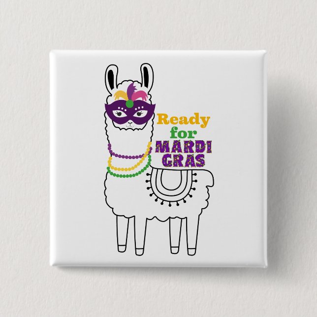 Ready for Mardi Gras cute llama beads purple mask  Button (Front)