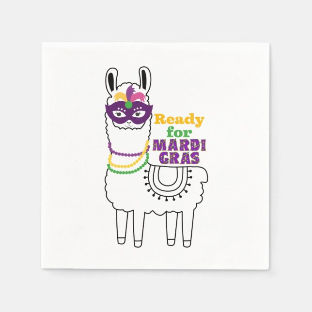 Ready for Mardi Gras llama feathered mask beads Napkins (Front)