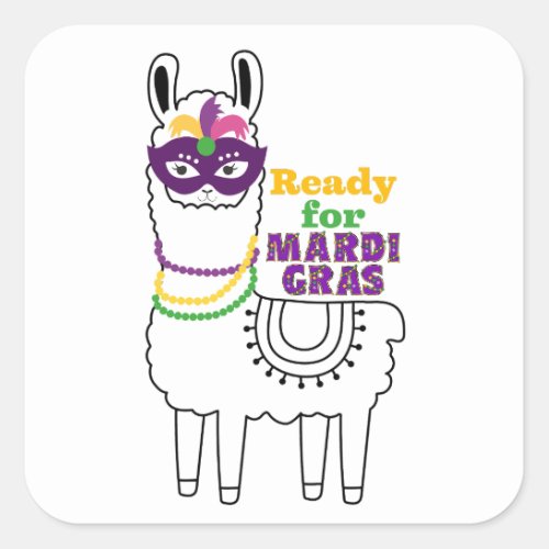 Ready for Mardi Gras llama mask beads feathers Square Sticker