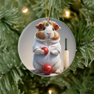 Ready for the Pitch: Guinea Pig in Cricket Gear, Ceramic Ornament