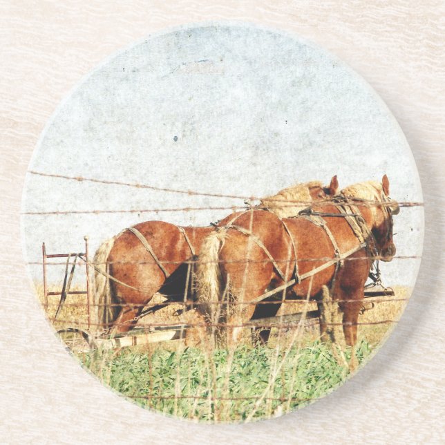Ready For Work, Two Draft Horses Sandstone Coaster (Front)