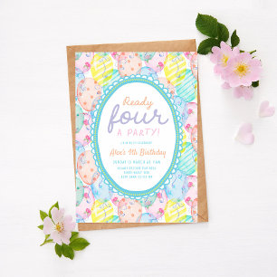 Ready Four A Party Rainbow Balloons 4th Birthday  Invitation