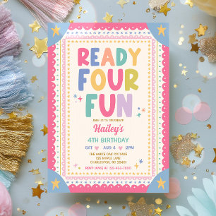 Ready Four Fun Whimsical Girl 4th Birthday Party Invitation