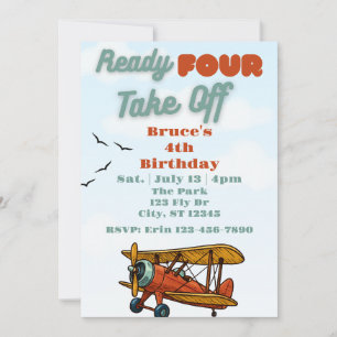 Ready FOUR Take Off, airplane 4th Birthday Invitation