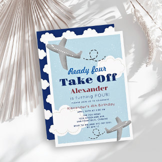 Ready Four Take Off Airplane Boy 4th Birthday Invitation