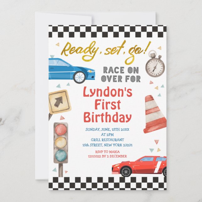 Ready, Set, Go Race on over 1st Birthday Party Invitation (Front)