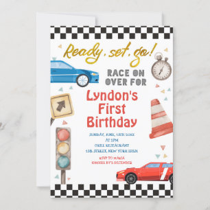 Ready, Set, Go Race on over 1st Birthday Party Invitation