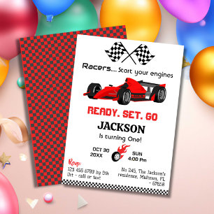 Ready set go red racing car modern 1st birthday invitation