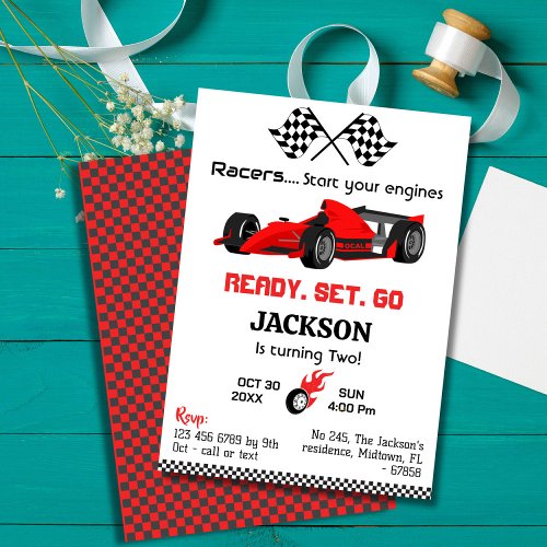 Ready set go red racing car modern 2nd birthday invitation