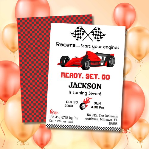 Ready set go red racing car modern 7th birthday invitation