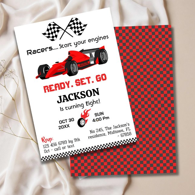 Ready set go red racing car modern 8th birthday invitation (Creator Uploaded)