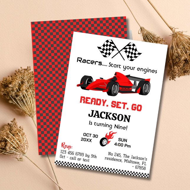 Ready set go red racing car modern 9th birthday invitation (Creator Uploaded)