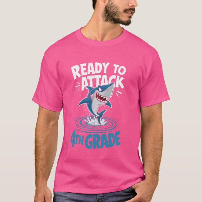 Ready To Attack 4th Grade Funny Shark T-Shirt (Front)