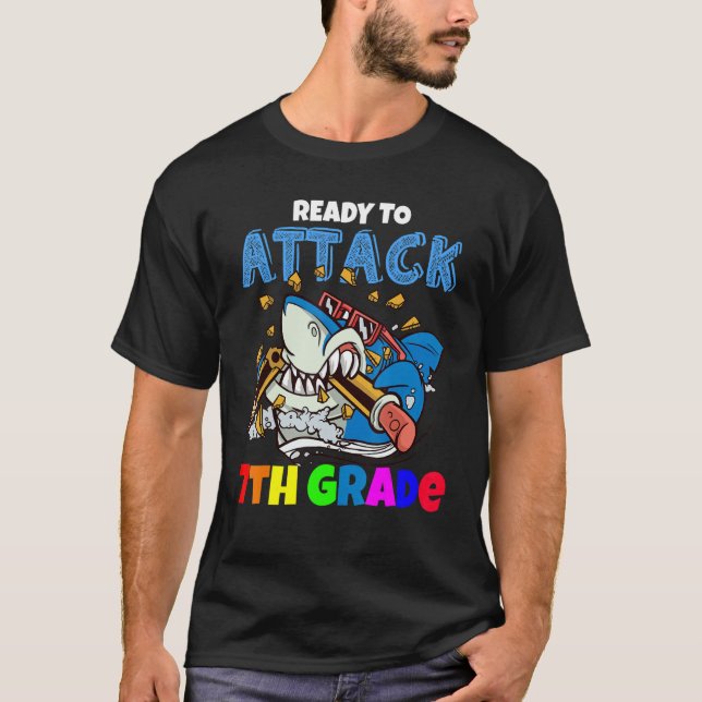Ready To Attack 7th Grade Boys Shark   Back To Sch T-Shirt (Front)
