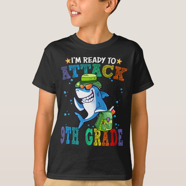 Ready To Attack 9th Grade Shark Back School T-Shirt (Front)
