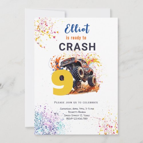 Ready to crash monster truck birthday invitation