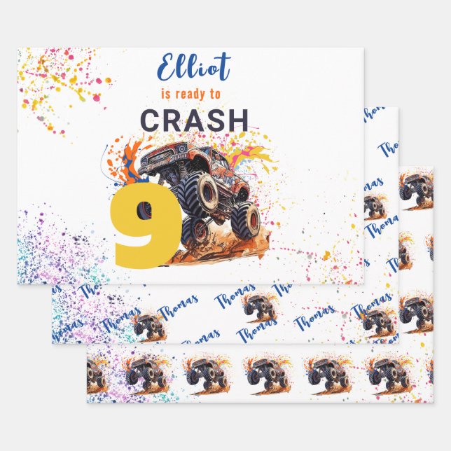 Ready to crash monster truck birthday wrapping paper sheets (Set)