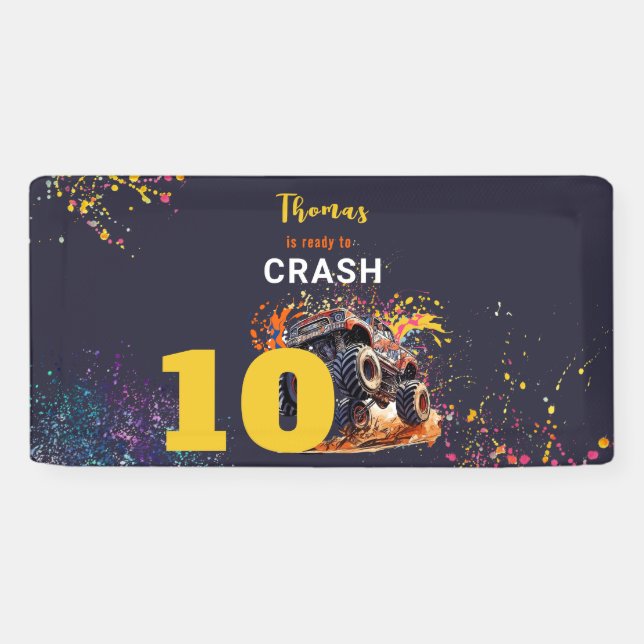 Ready to crash monster truck dark birthday banner (Horizontal)