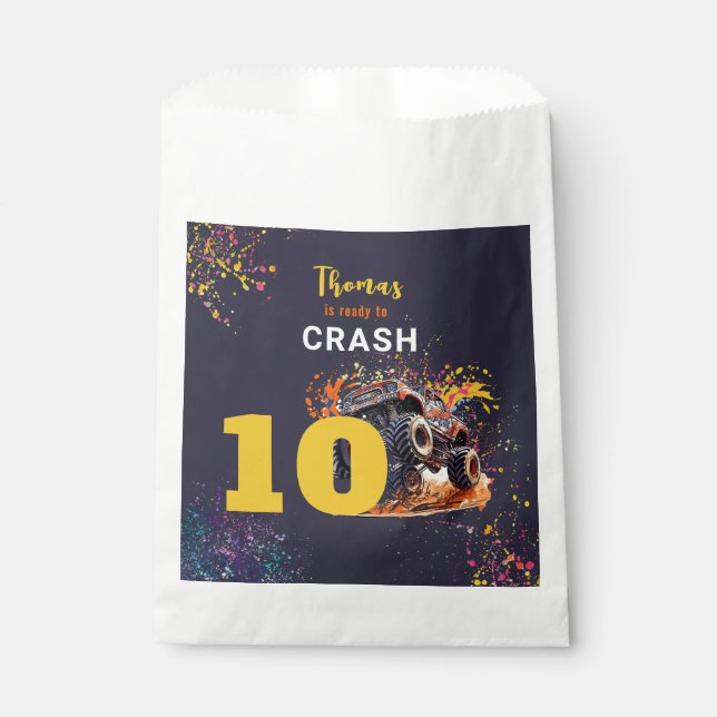 Ready to crash monster truck dark birthday favor bag (Front)