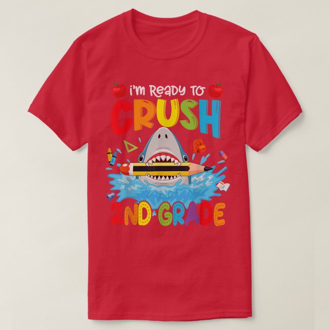 Ready To Crush 2nd Grade Funny Shark Boys Kid Back T-Shirt (Design Front)