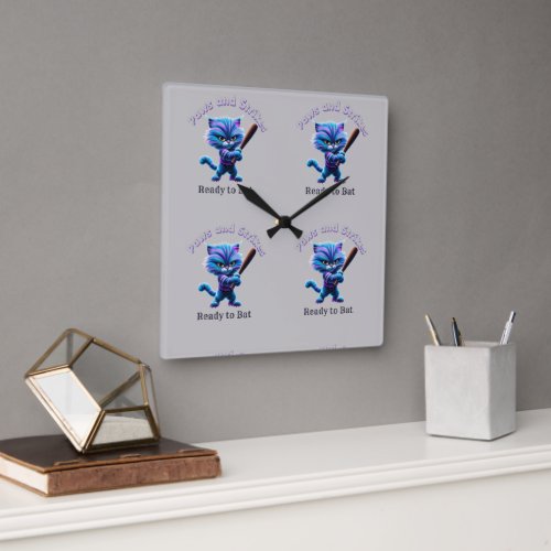 Ready to Play Blue Striped Baseball Cat Square Wall Clock
