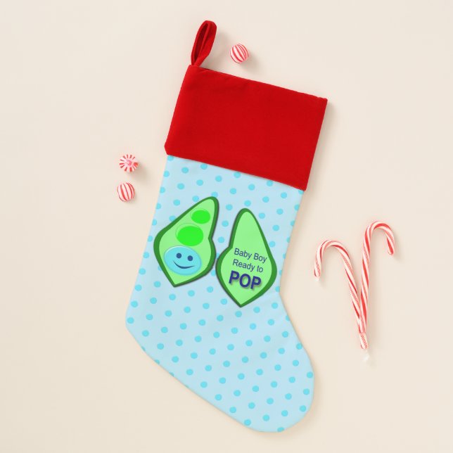 Ready to Pop Baby Boy Blue Pea Christmas Stocking (Front)