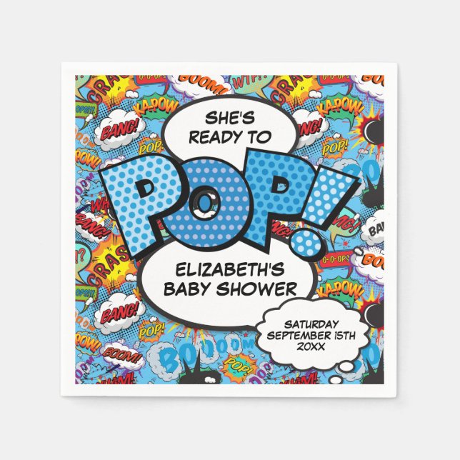 Ready to Pop Baby Shower Blue Comic Book Napkins (Front)