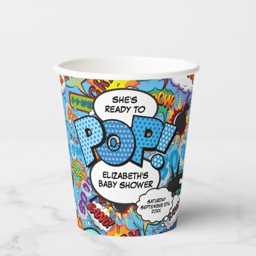 Ready to Pop Baby Shower Blue Comic Book Paper Cups