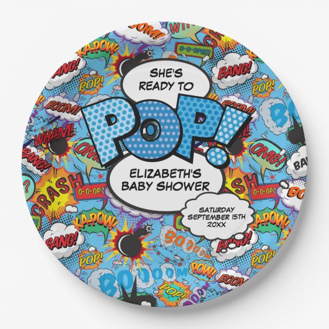 Ready to Pop Baby Shower Blue Comic Book Paper Plates (Front)