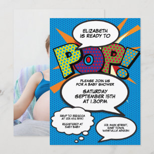 Ready to Pop Baby Shower Blue Comic Book Photo Invitation