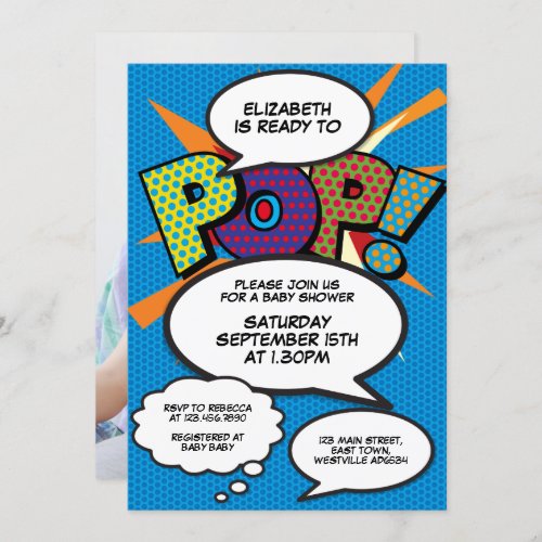 Ready to Pop Baby Shower Blue Comic Book Photo Invitation