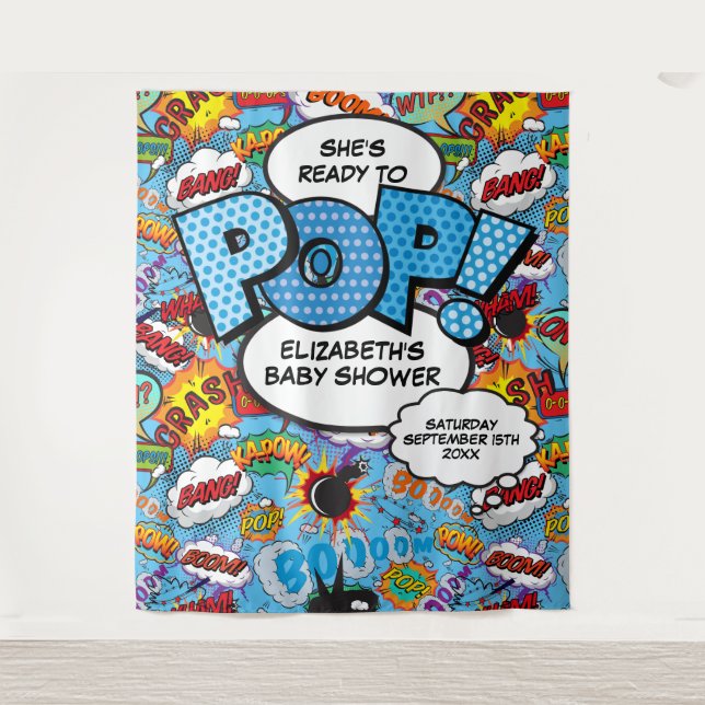 Ready to Pop Baby Shower Blue Photo Backdrop (Front)