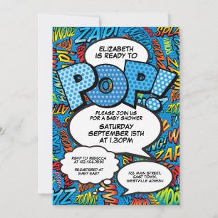 Ready to Pop Baby Shower Comic Book Fun Blue Invitation