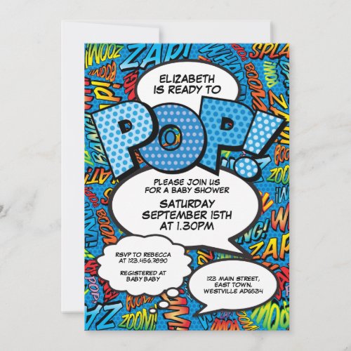 Ready to Pop Baby Shower Comic Book Fun Blue Invitation