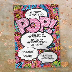 Ready to Pop Baby Shower Comic Book Fun Pink Invitation