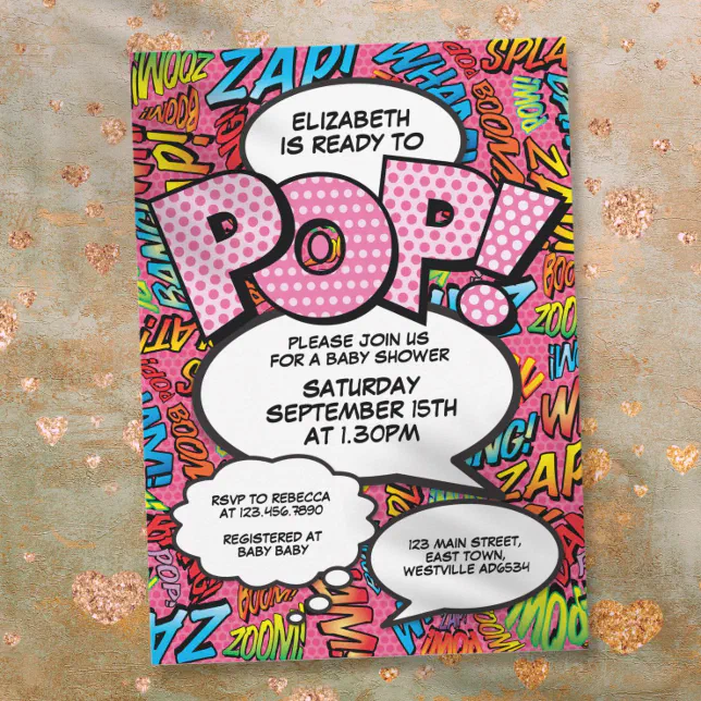 Ready to Pop Baby Shower Comic Book Fun Pink Invitation | Zazzle