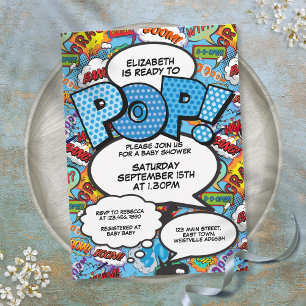 Ready to Pop Baby Shower Comic Book Modern Blue Invitation