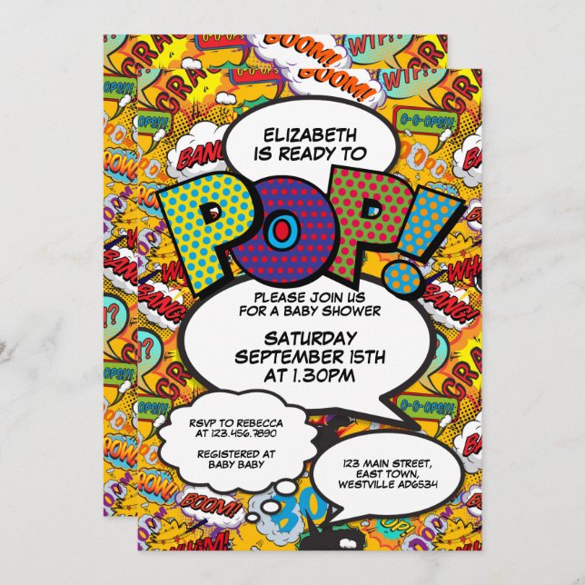 Ready to Pop Baby Shower Comic Book Modern Invitation (Front/Back)
