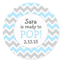Ready to Pop Baby Shower Favor / blue chevron Classic Round Sticker