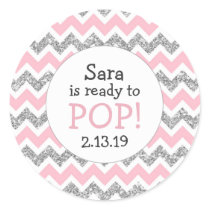 Ready to Pop Baby Shower Favor pink silver glitter Classic Round Sticker