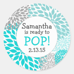 Ready to Pop Baby Shower Favor / turquoise mums Classic Round Sticker
