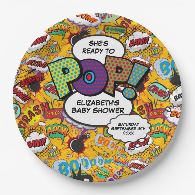 Ready to Pop Baby Shower Fun Comic Book Paper Plates (Front)