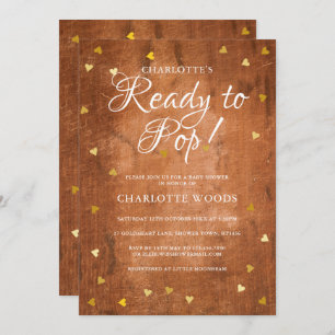 Ready to Pop Baby Shower Gold Hearts Rustic Wood Invitation